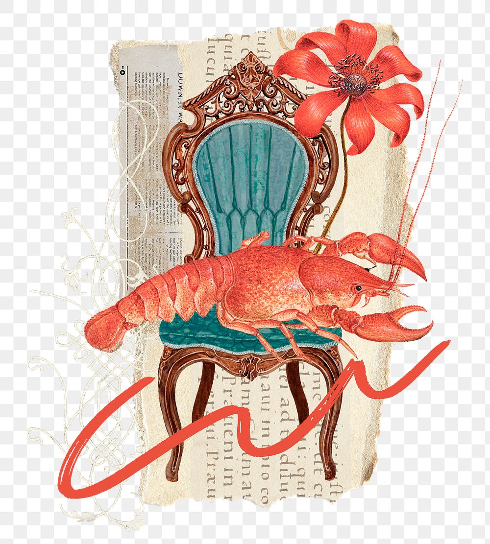 King crayfish png ephemera sticker, transparent background