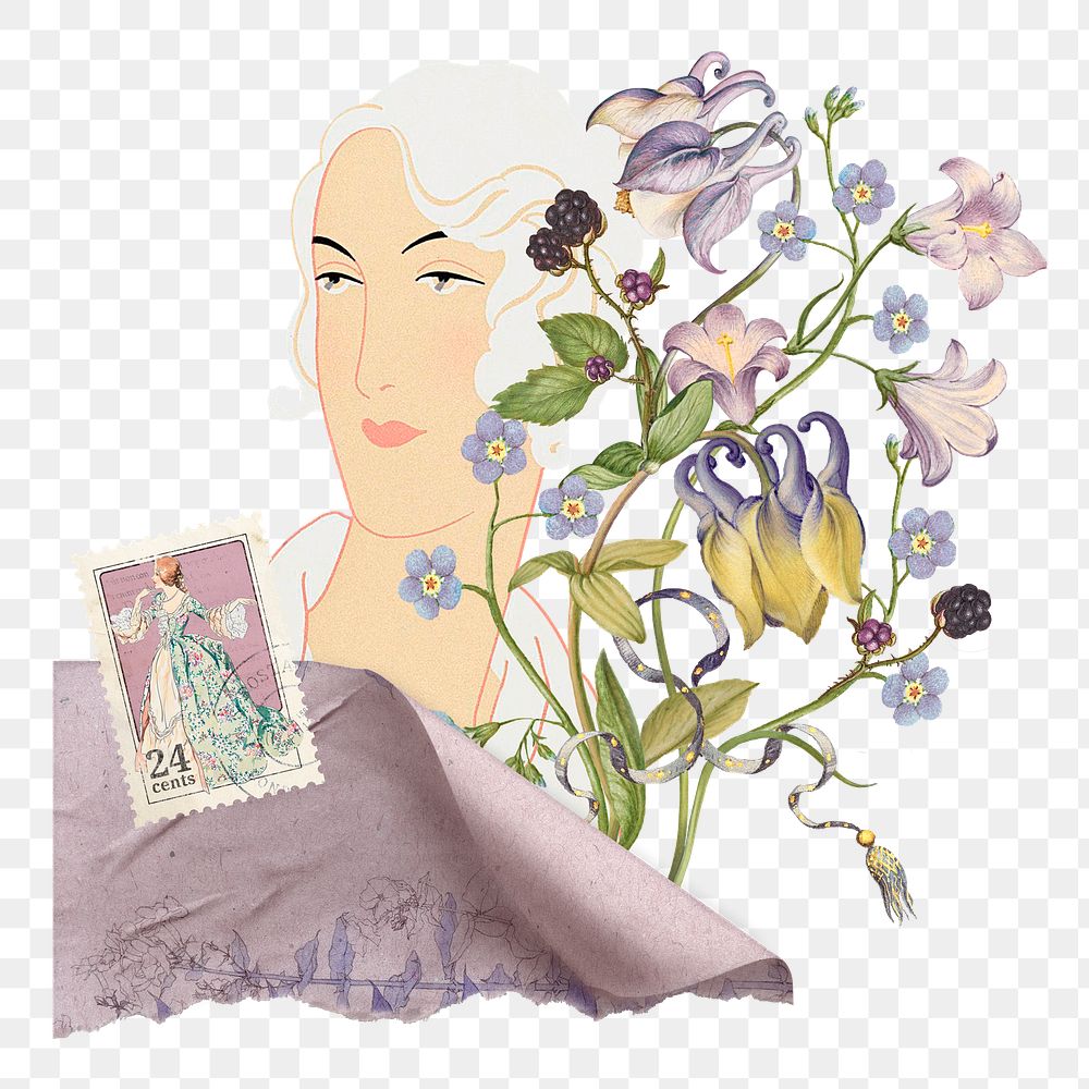 Flower lady png ephemera sticker, transparent background