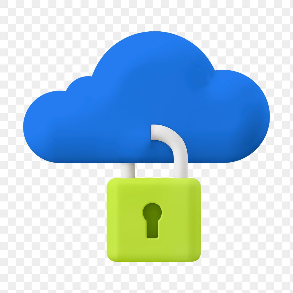 3D cloud storage png sticker, data security lock graphic, transparent background