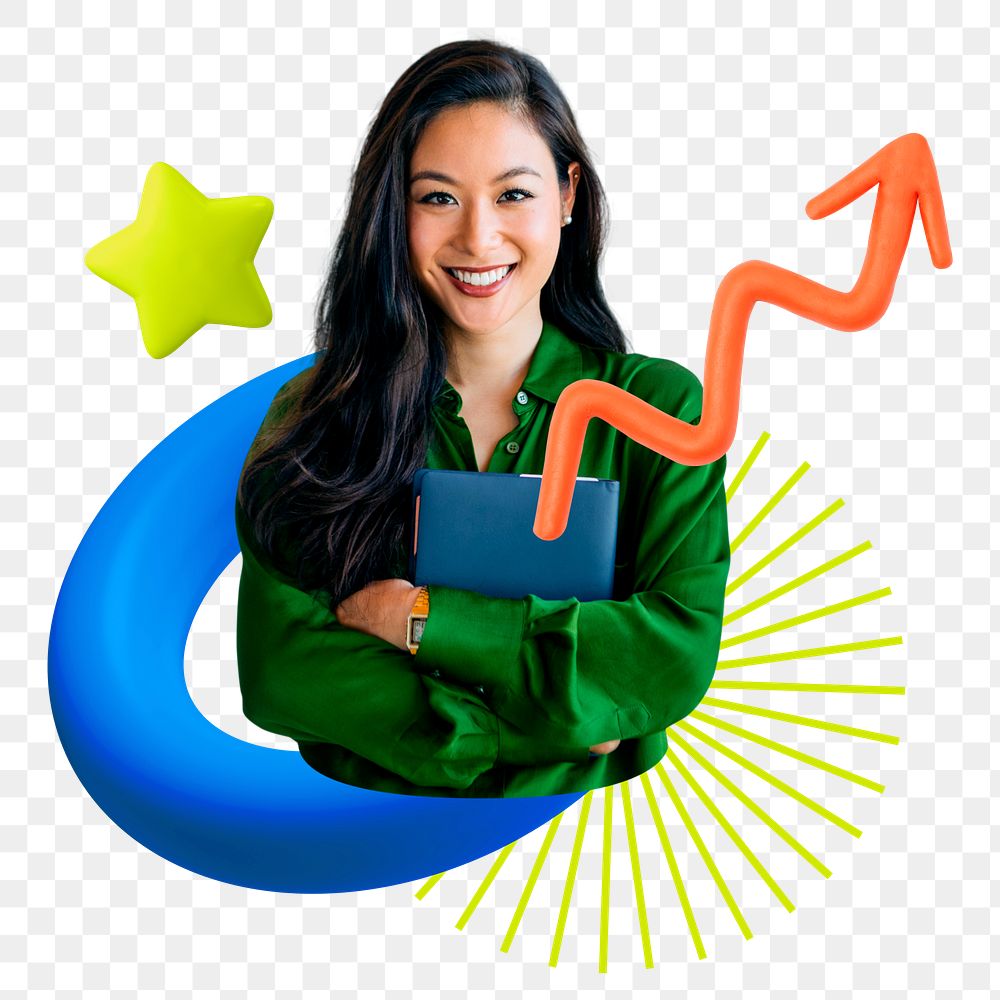 Successful businesswoman, png sticker 3D upward arrow graphic, transparent background