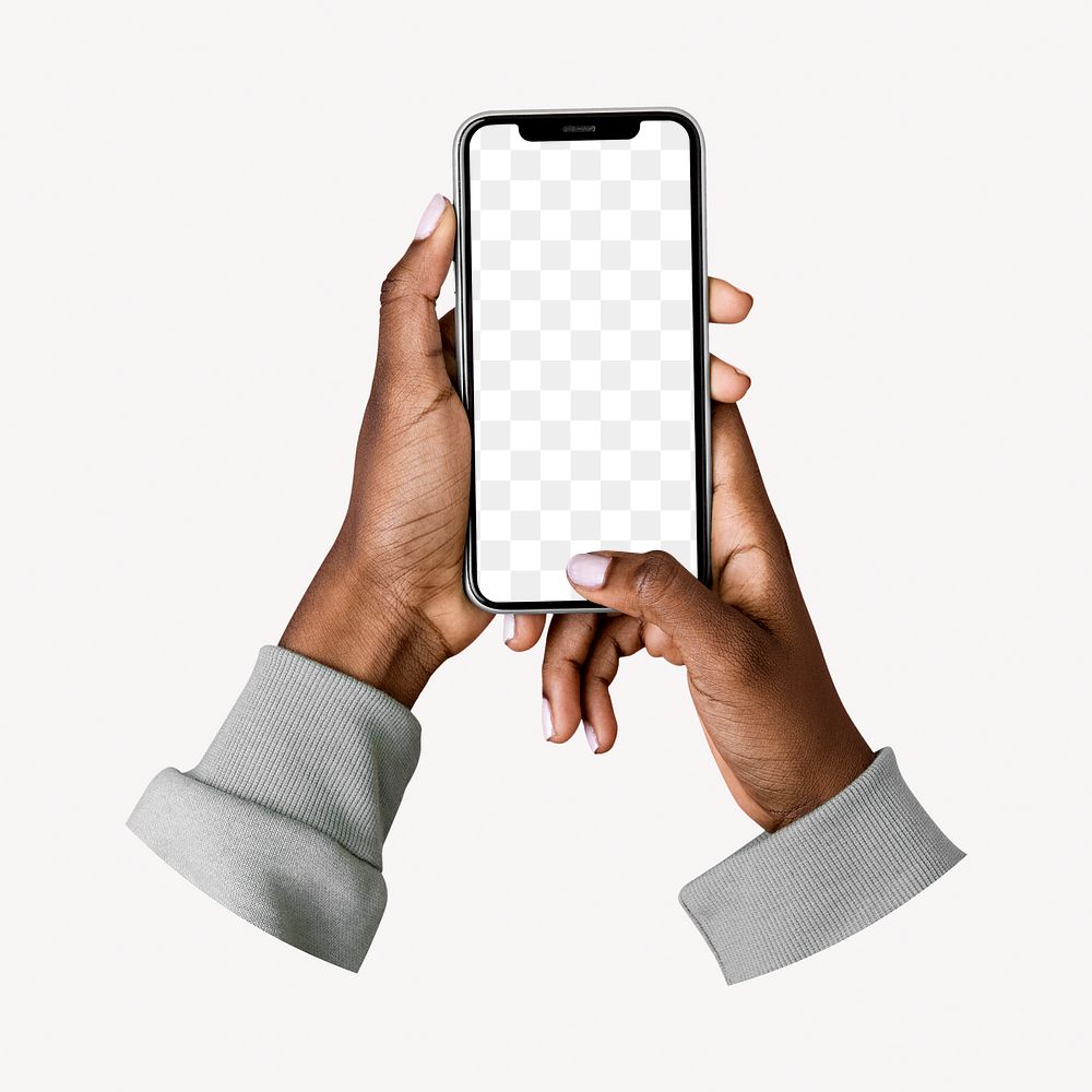 Holding smartphone png realistic mockup, transparent design