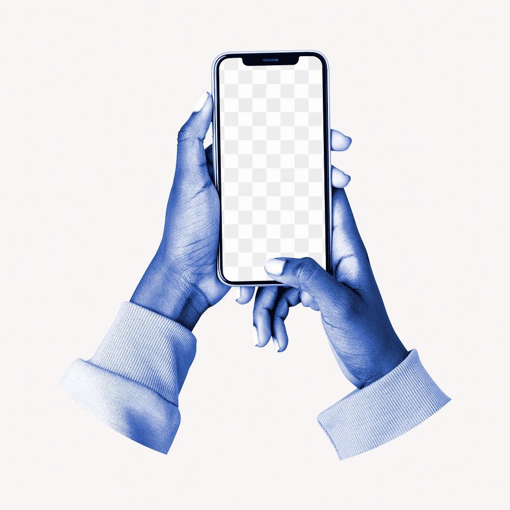 Holding smartphone png blue mockup, transparent design