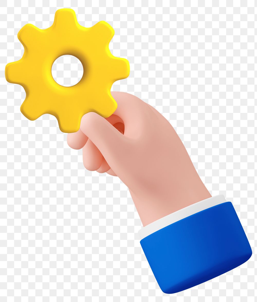 Png hand holding mechanical gear sticker, transparent background 