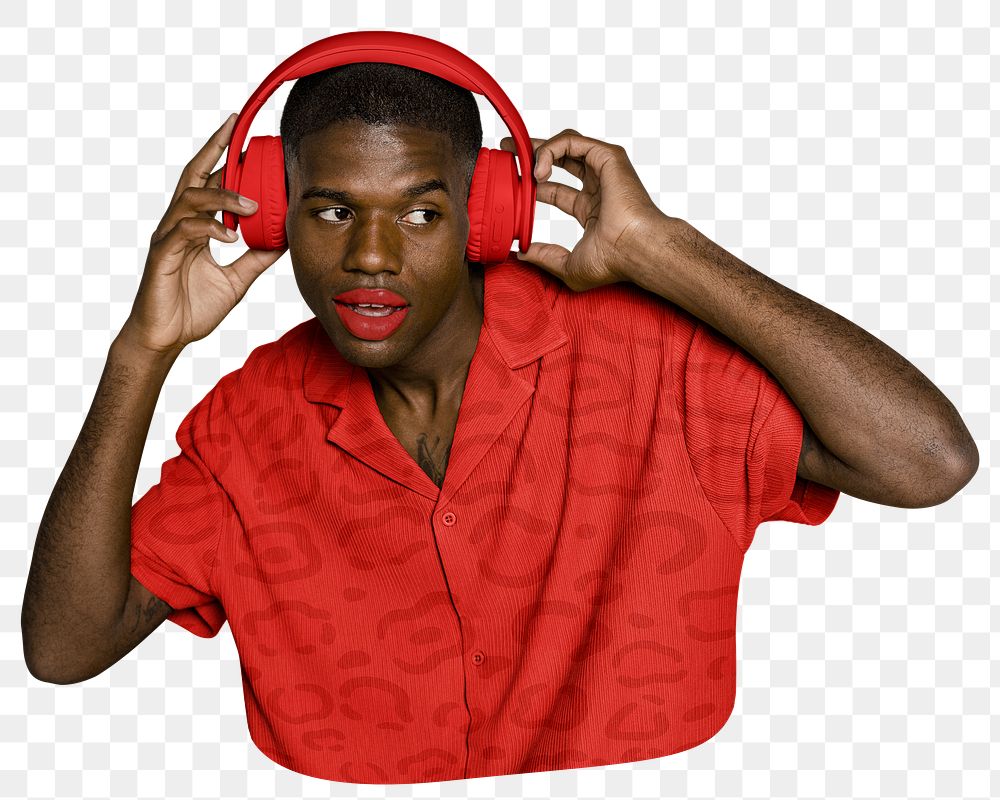Png man listening to music sticker, transparent background