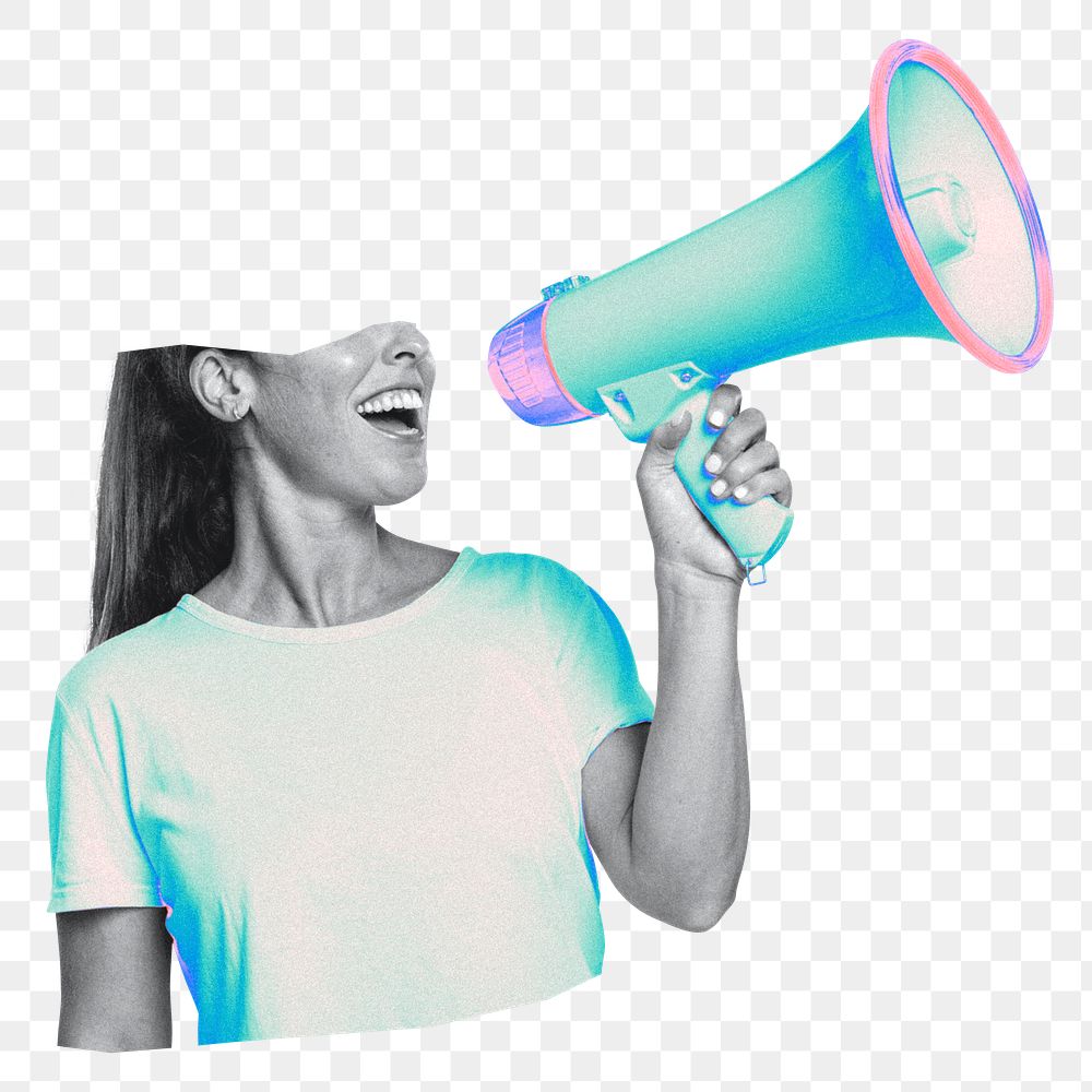 Woman with megaphone png business sticker, transparent background 