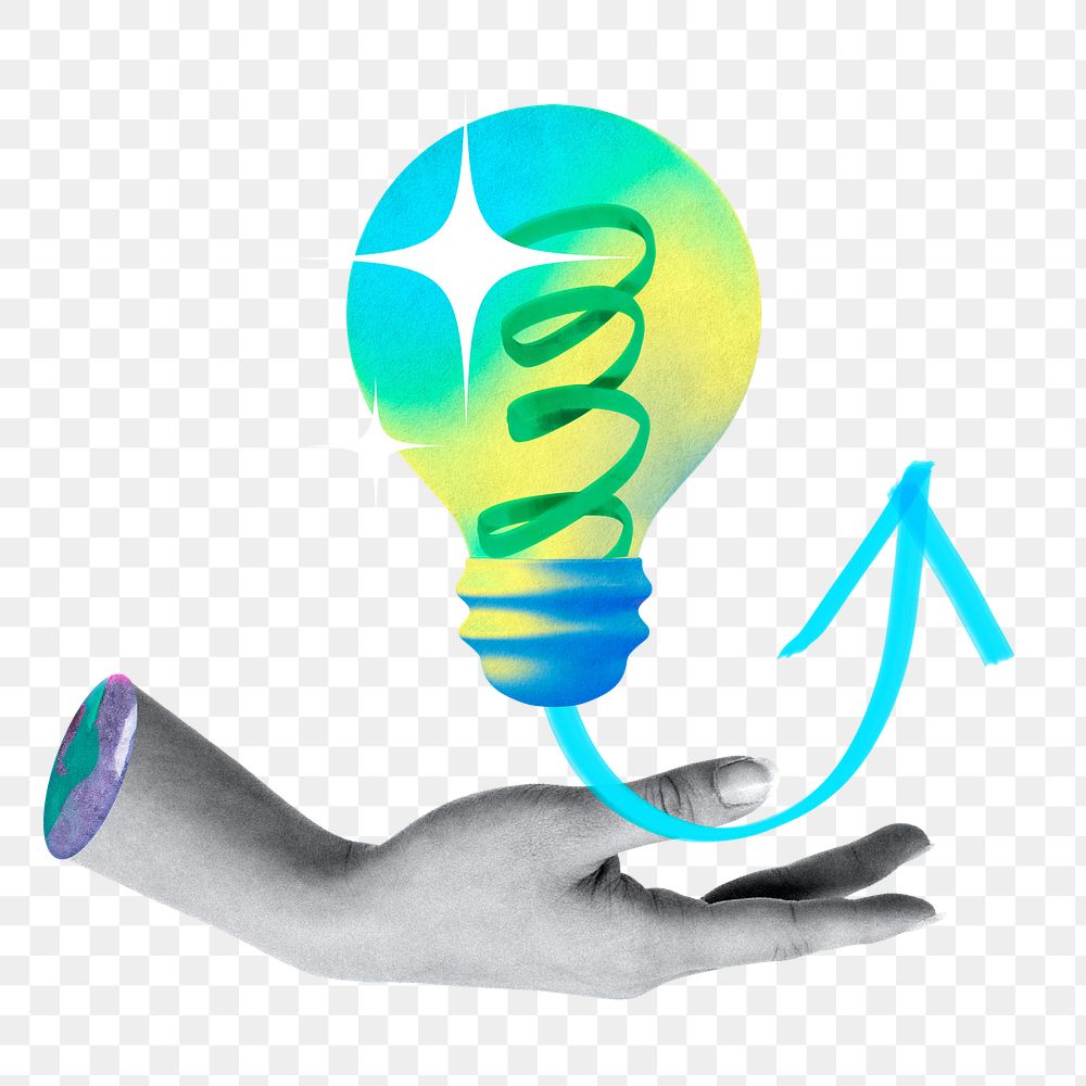Creative ideas png sticker, hand presenting light bulb remix, transparent background