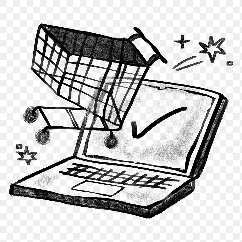 Online shopping cart png sticker, laptop doodle, transparent background