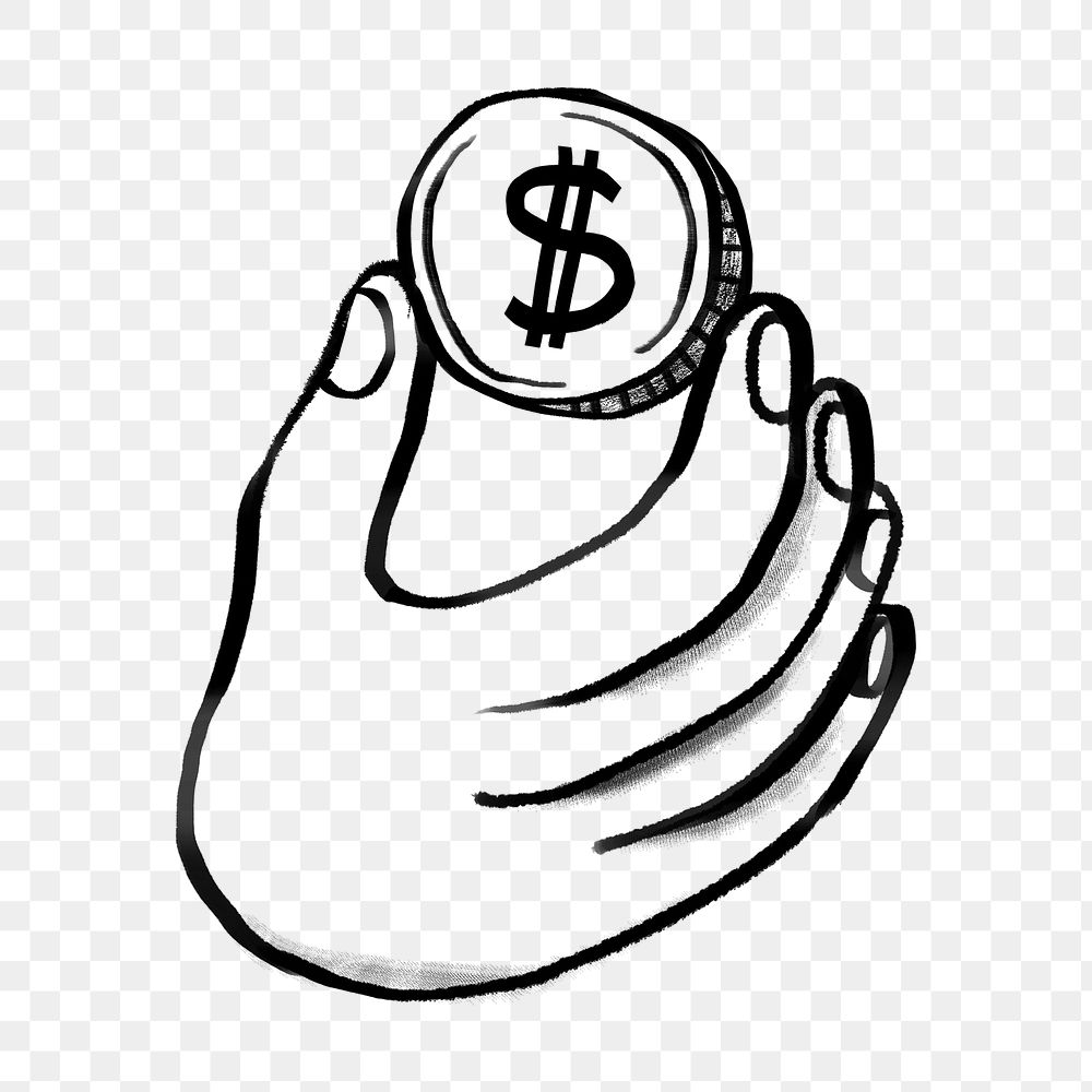 Hand holding coin png sticker, consumerism doodle, transparent background