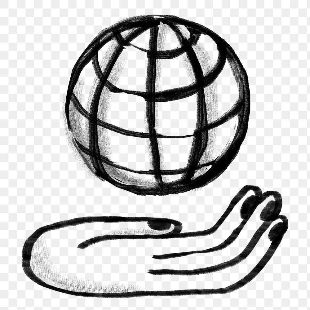 Hand presenting globe png, network doodle, transparent background