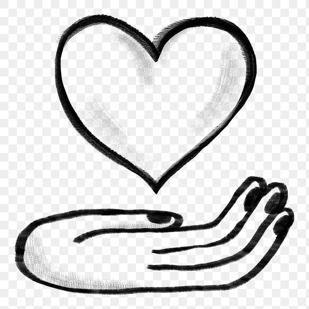 Hand presenting heart png, charity doodle, transparent background