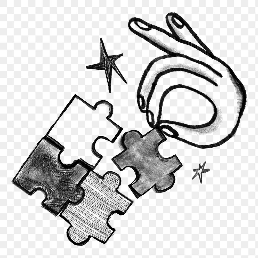 Hands solving puzzle png sticker, teamwork doodle, transparent background