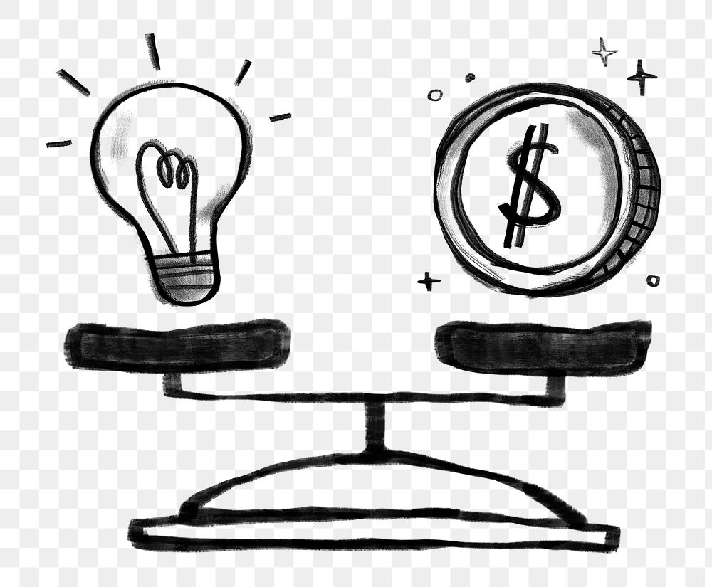 Valuable ideas doodle png, light bulb and money balance on scale, transparent background