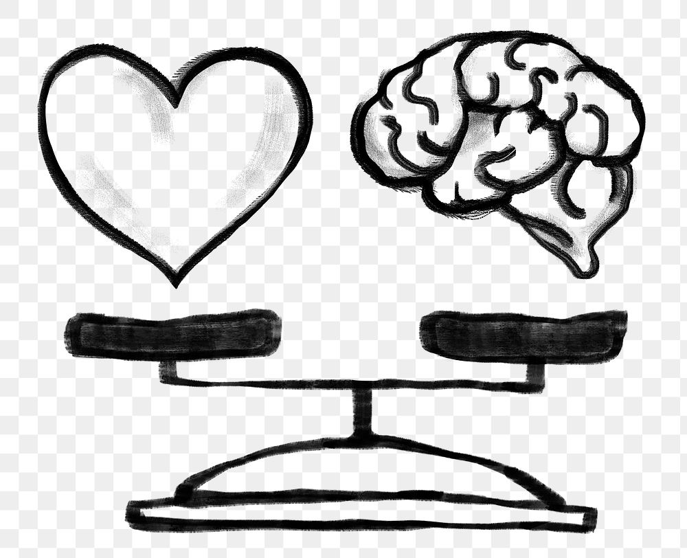 Work-life balance png sticker, heart brain scale doodle, transparent background