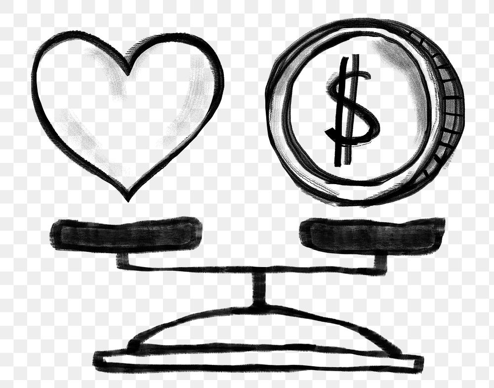 Heart and money png sticker, balance on scale, wellness doodle, transparent background