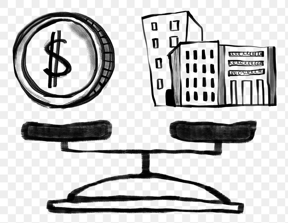 Money and buildings png sticker, balance on scale, real estate investing doodle, transparent background