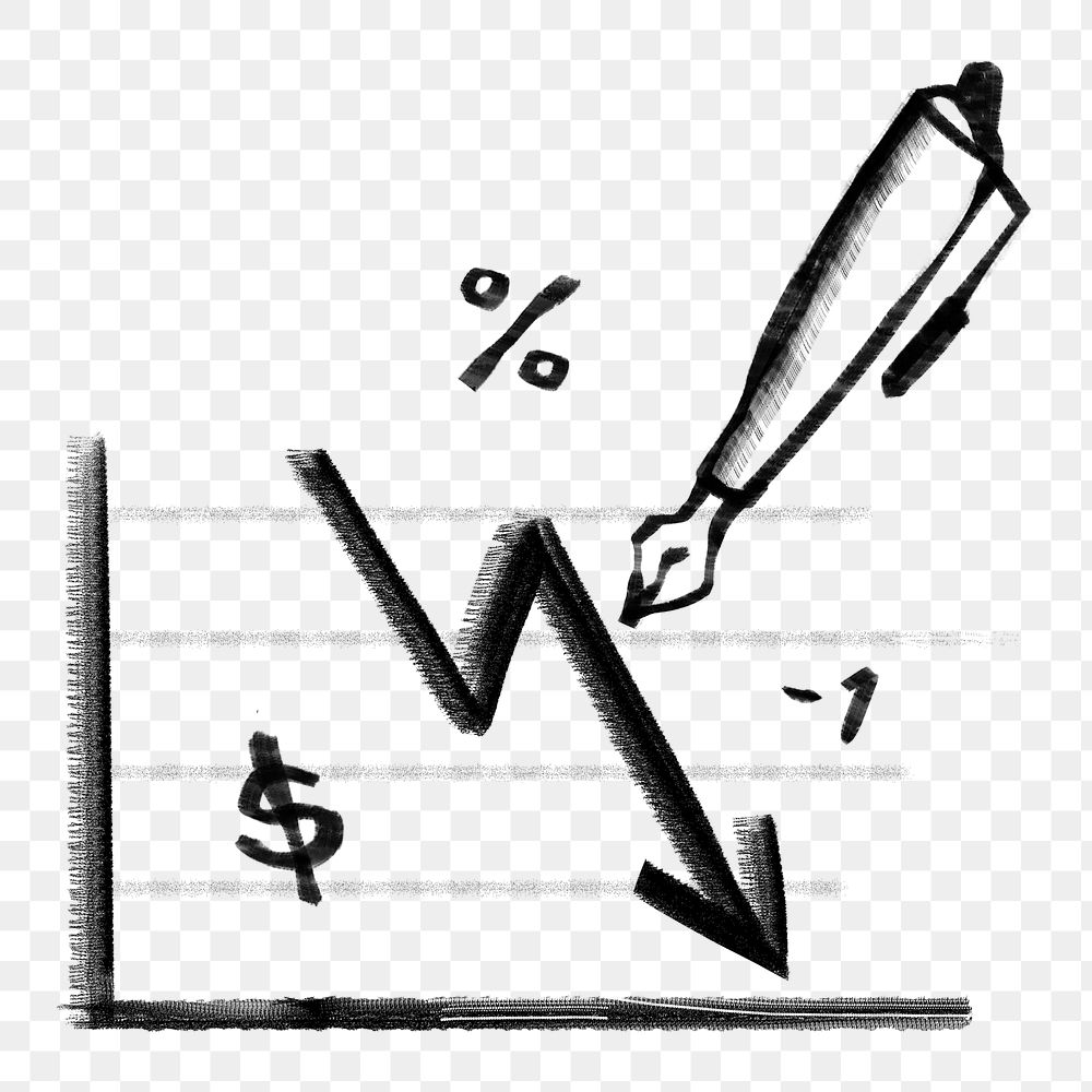 Downward arrow chart png sticker, business finance doodle, transparent background