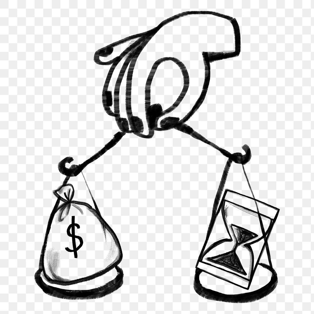 Valuable time doodle png, money bag and hourglass balance on scale, transparent background
