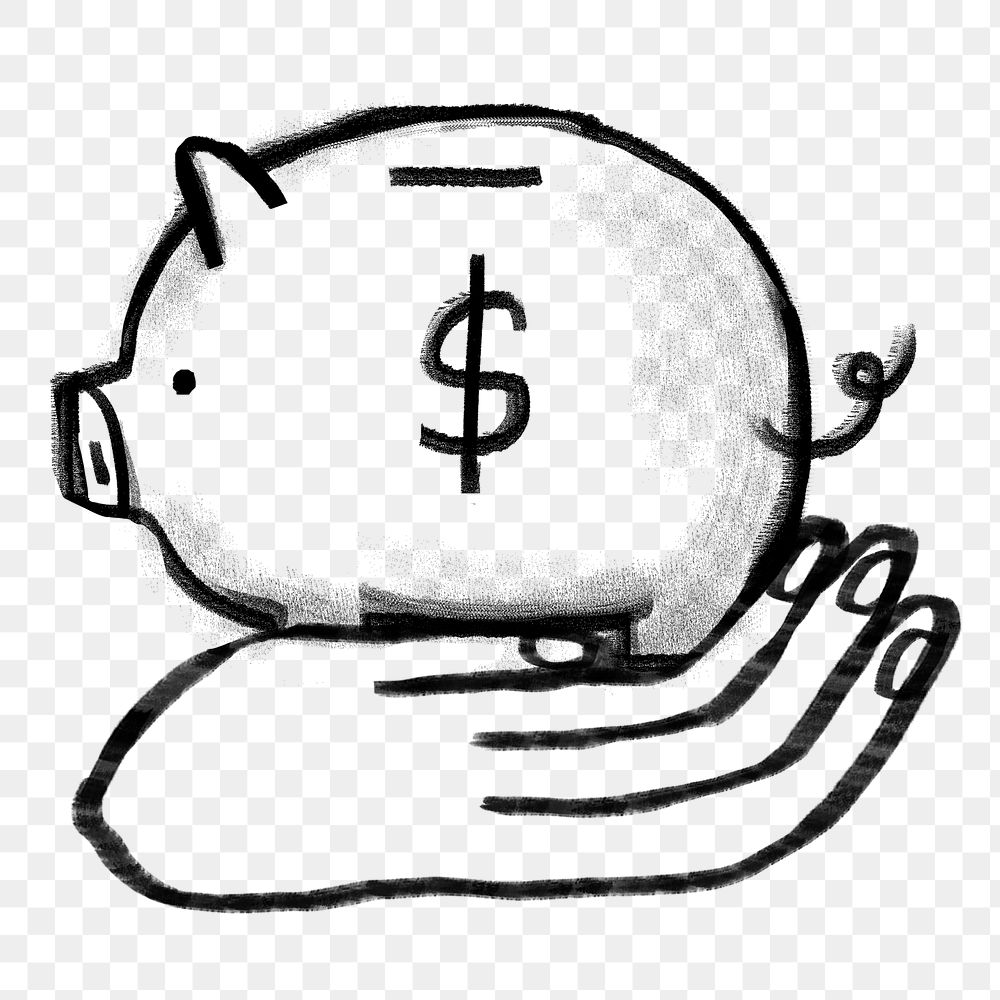 Png hand presenting piggy bank doodle, transparent background