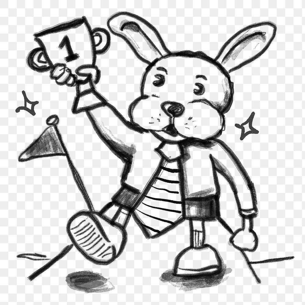 Rabbit holding trophy png sticker, winner doodle, transparent background