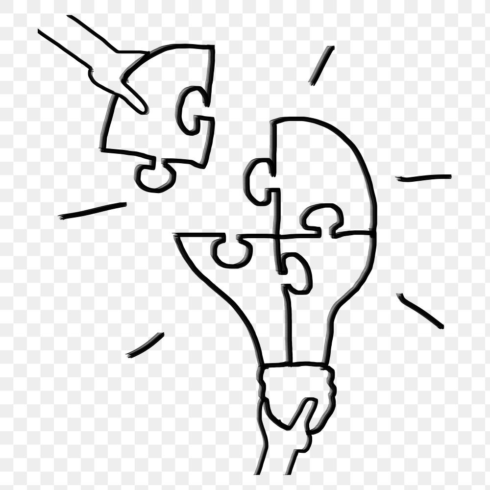 Light bulb puzzle png teamwork, brainstorming doodle, transparent background