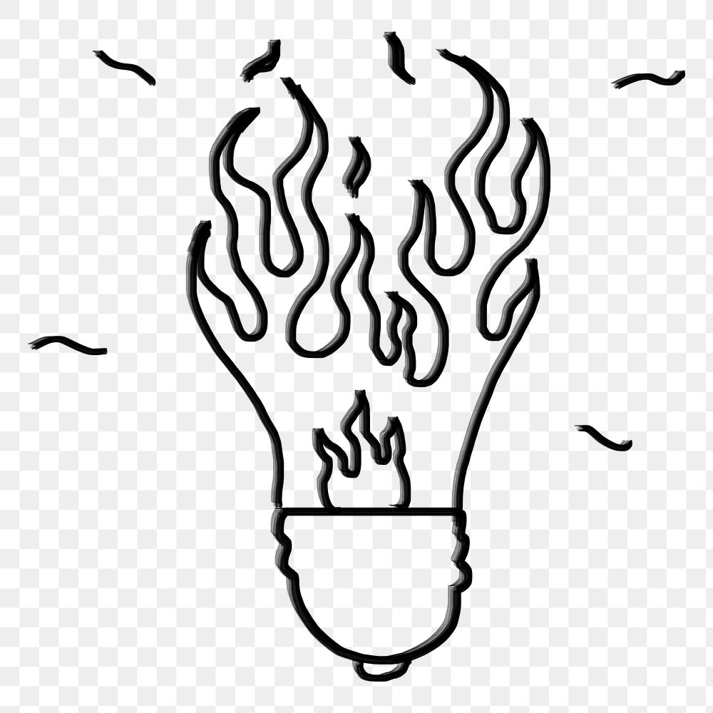 Png flaming light bulb doodle, transparent background