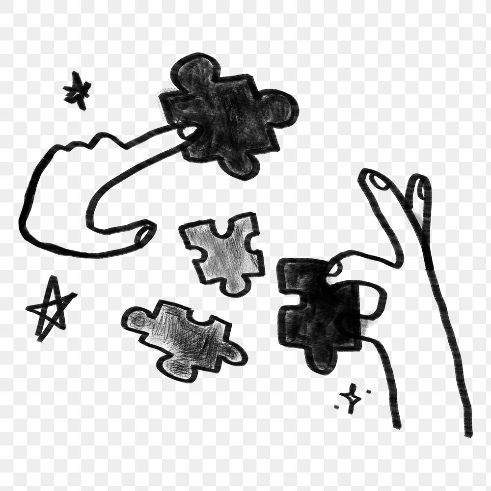 Hands solving puzzle png sticker, teamwork doodle, transparent background