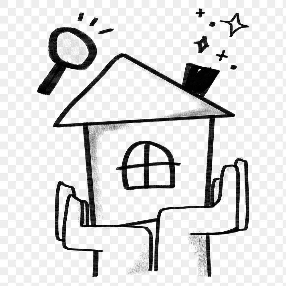 Property search png home, magnifying glass doodle, transparent background