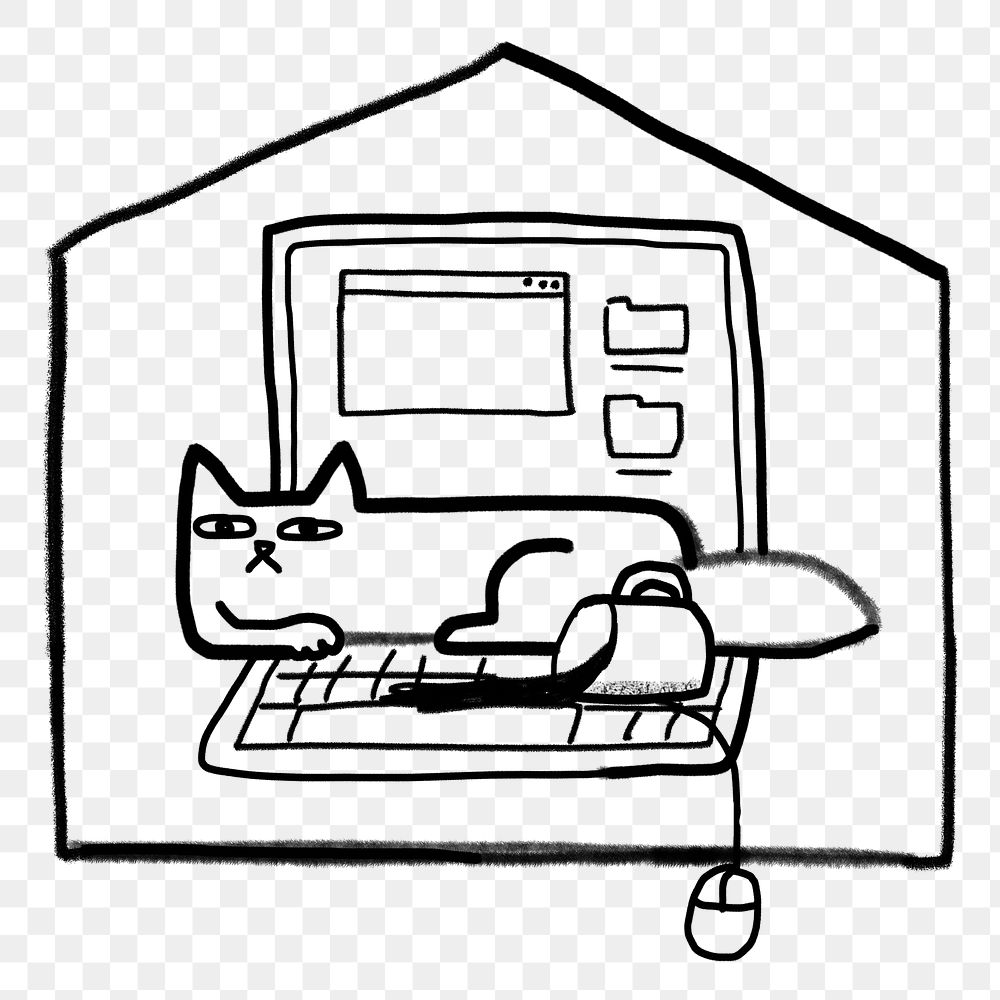 Cat sitting png laptop doodle, transparent background