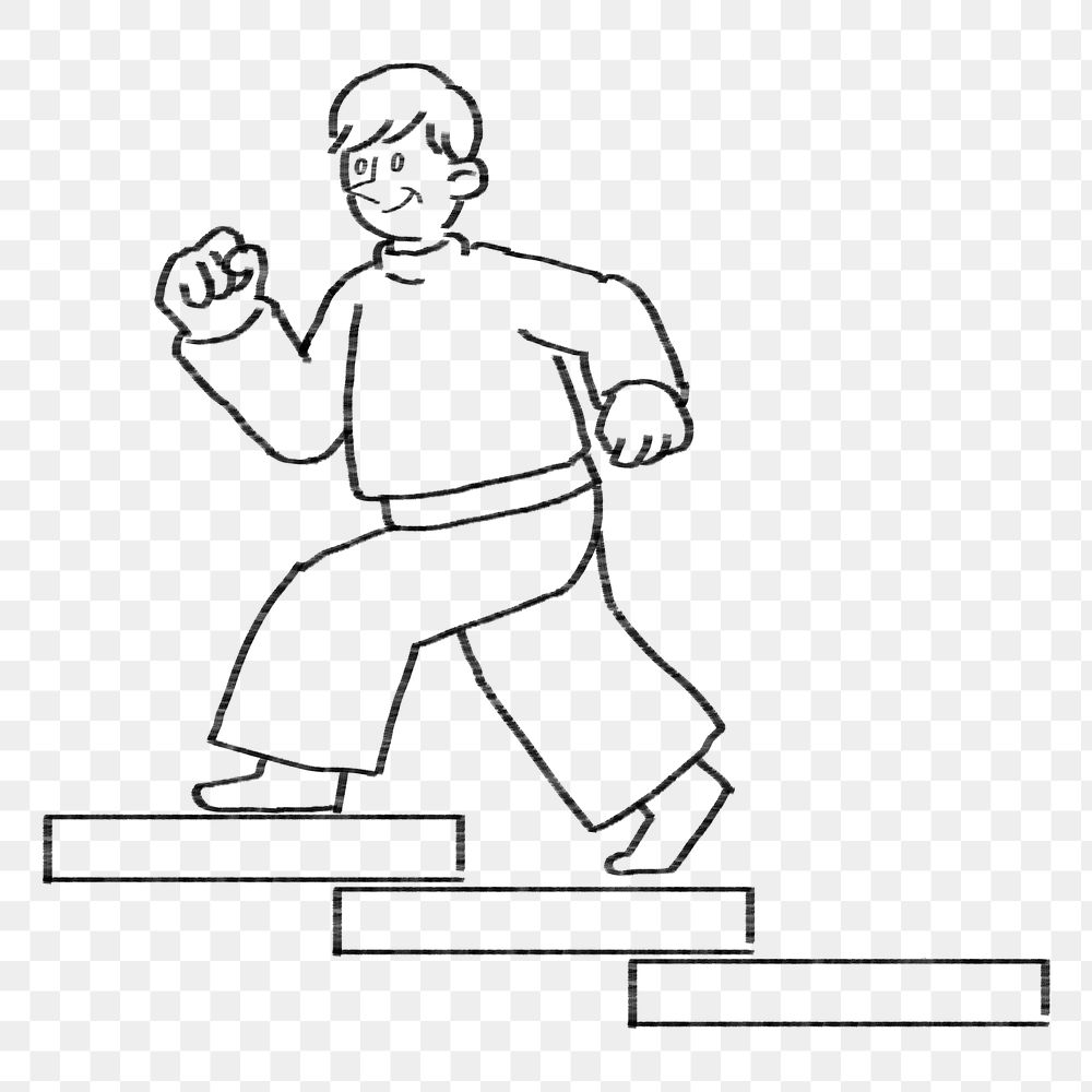 Productive man png running up stairs doodle, transparent background