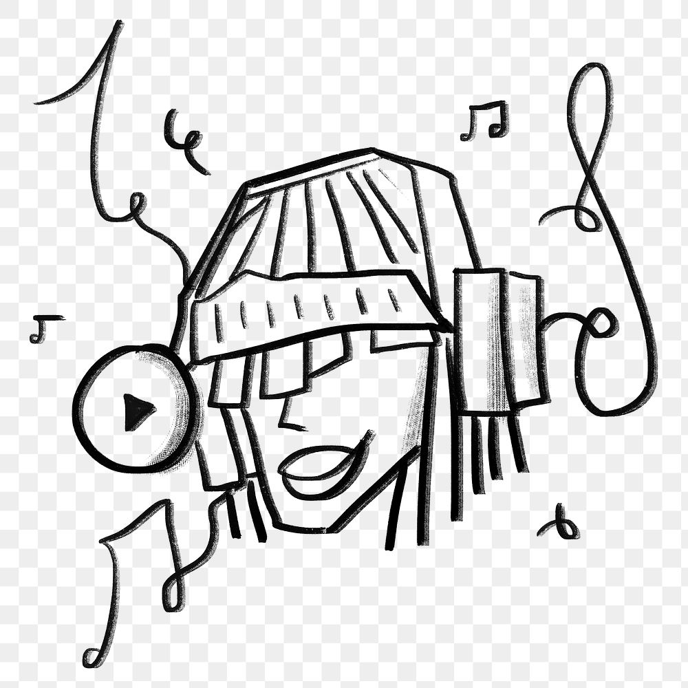 Woman listening png music doodle, transparent background