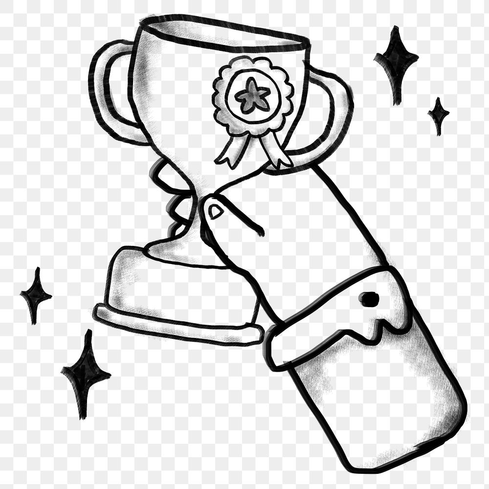 Hand holding trophy png sticker, success doodle, transparent background