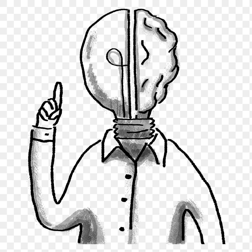 Light bulb head man png creative ideas doodle, transparent background