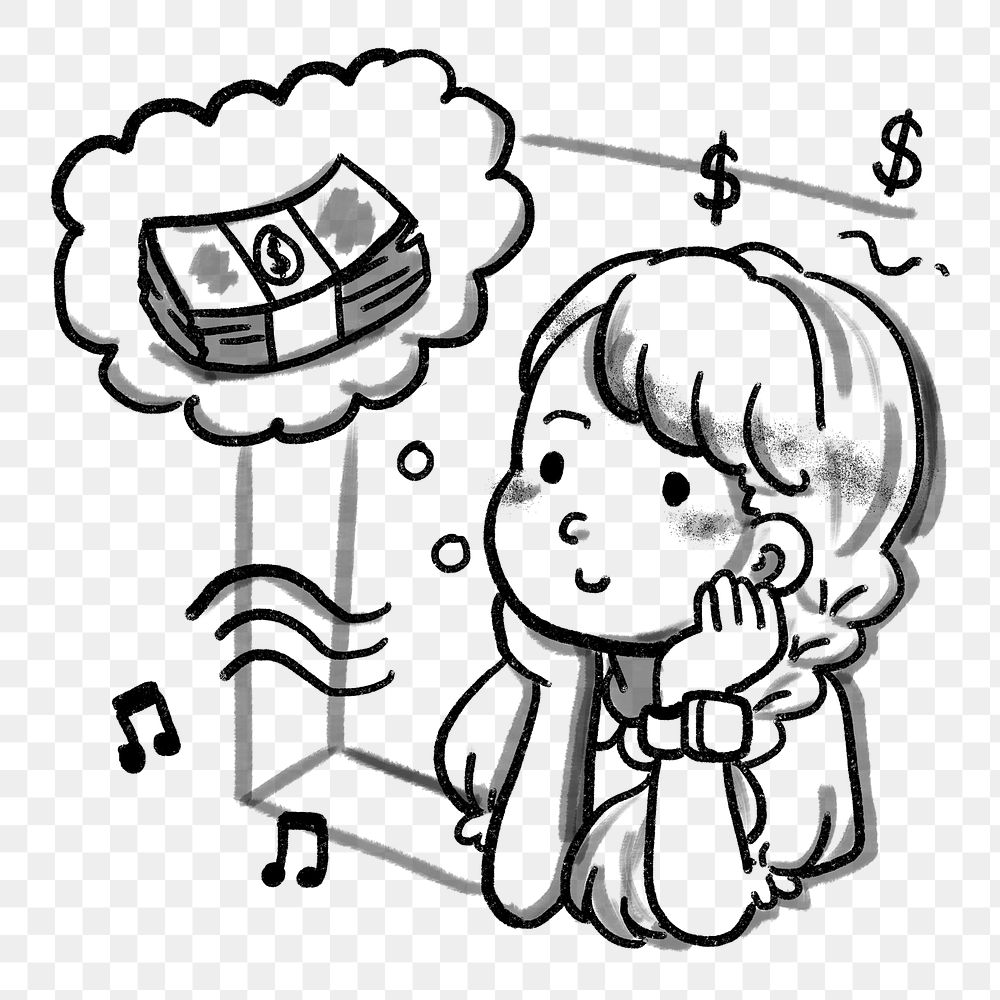 Png woman daydreaming about money, character doodle, transparent background