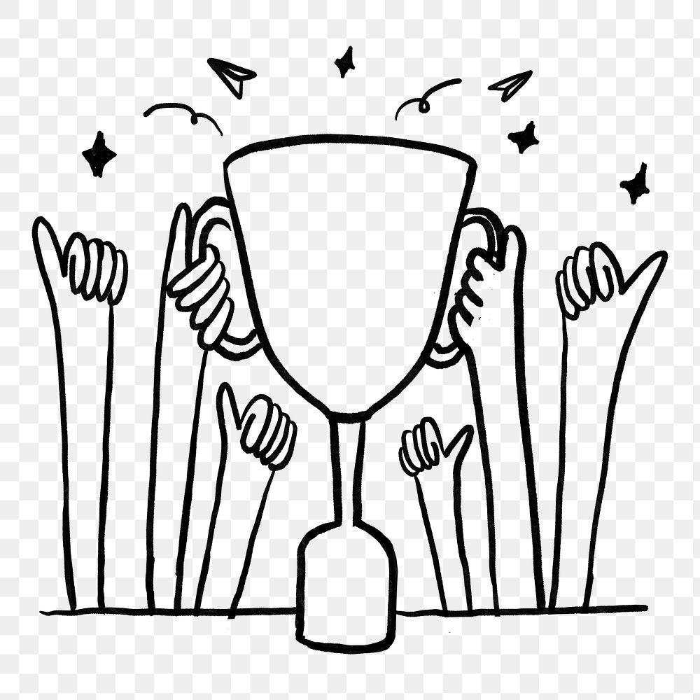 Hands holding trophy png sticker, teamwork success doodle, transparent background