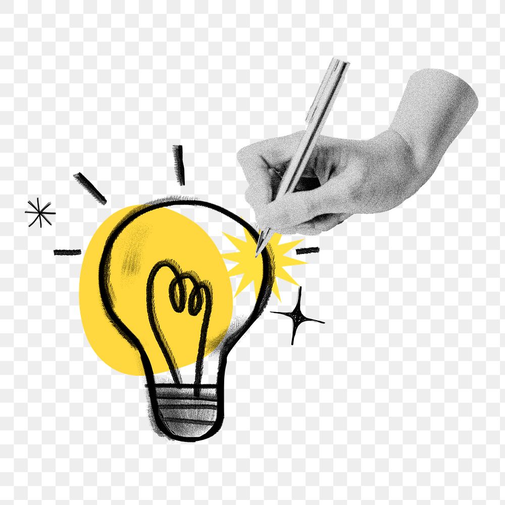 Hand writing ideas png light bulb, mixed media doodle, transparent background