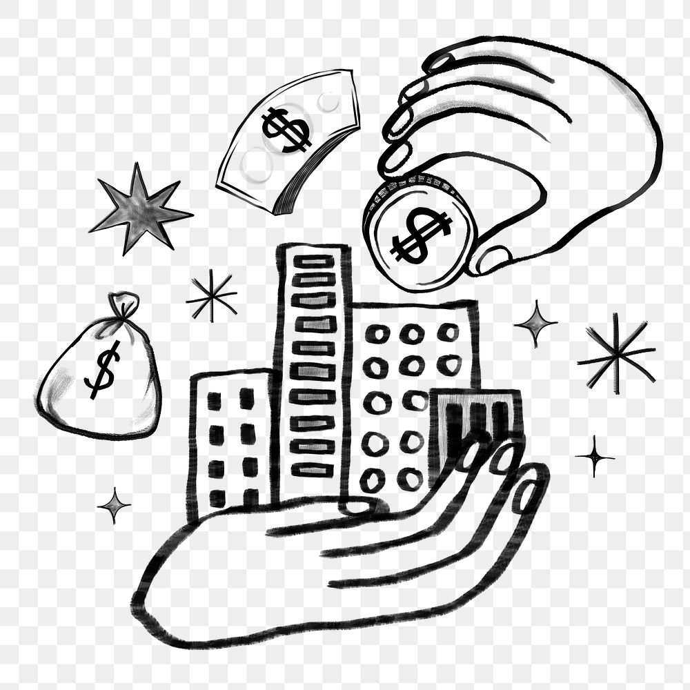 Png hand presenting money buildings, real estate investing doodle, transparent background