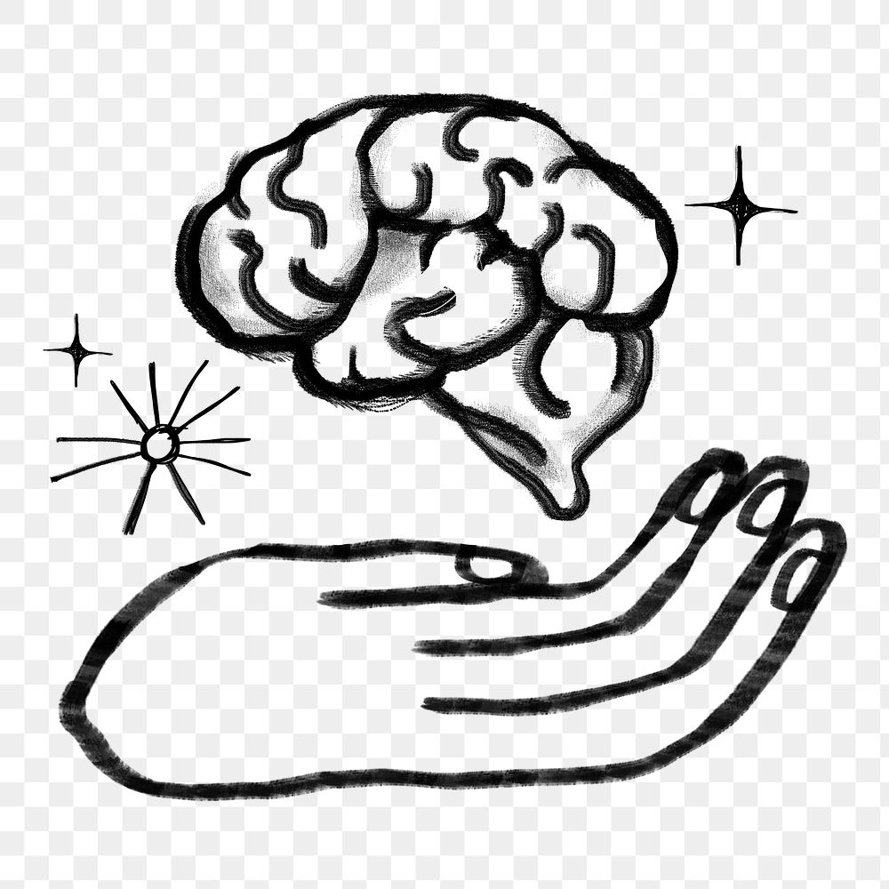 Hand presenting brain png sticker, knowledge doodle, transparent background