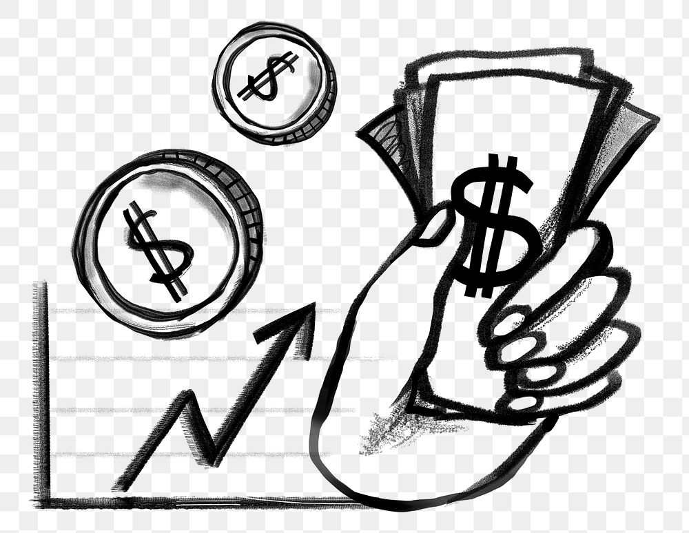 Png investor's hand holding money, business investment doodle, transparent background