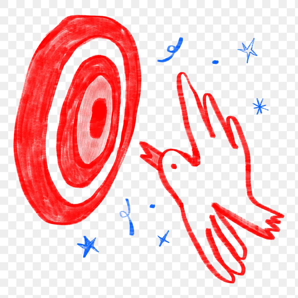 Bird hitting dartboard png sticker, business target doodle, transparent background