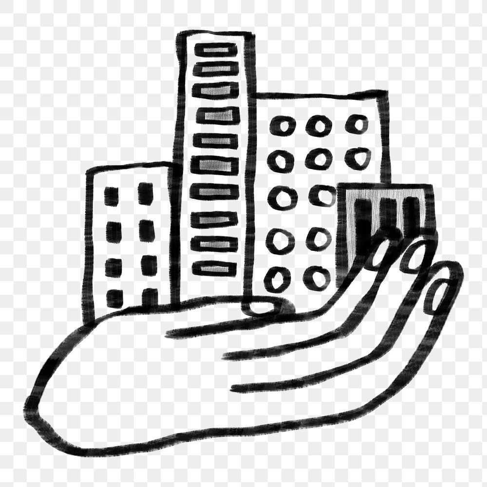 Hand presenting png buildings doodle, transparent background