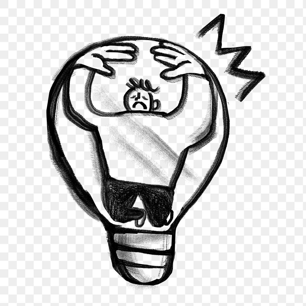 Creative block png man stuck in light bulb doodle, transparent background