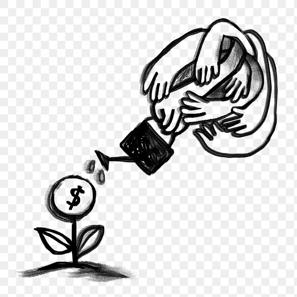 Png hands watering money plant, business doodle, transparent background