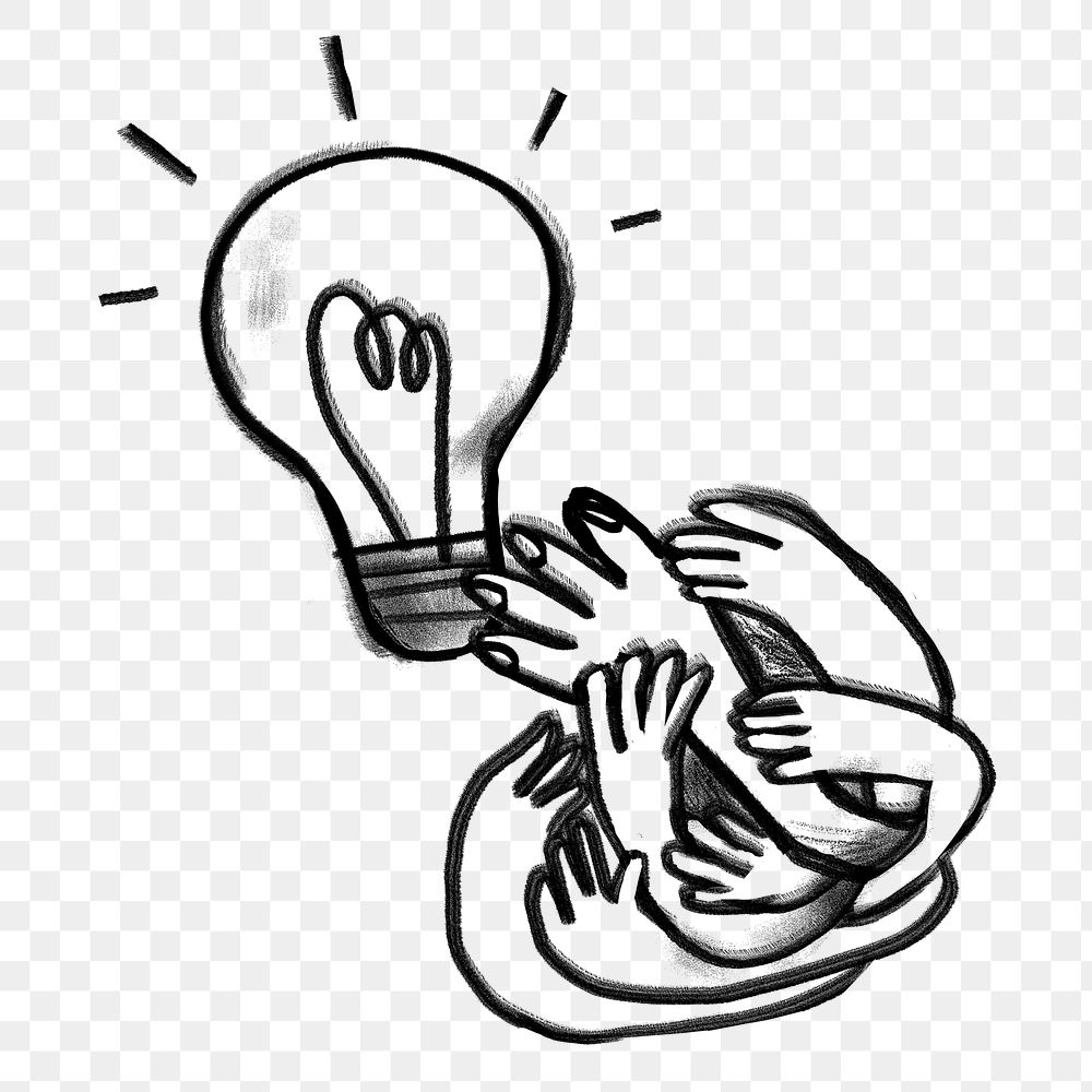 Hands reaching png light bulb, creative ideas doodle, transparent background