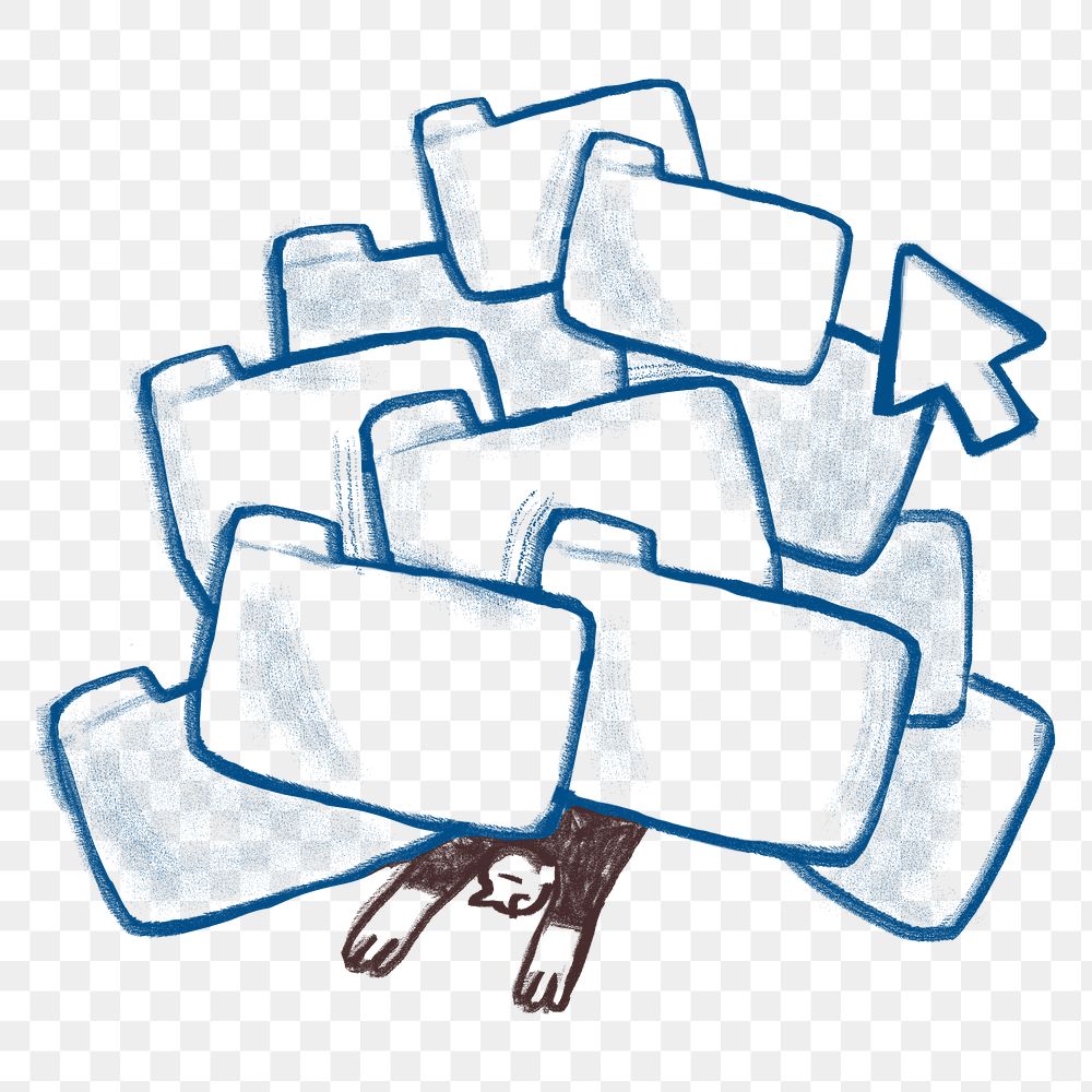 Work overload doodle png sticker, man buried in folders, transparent background