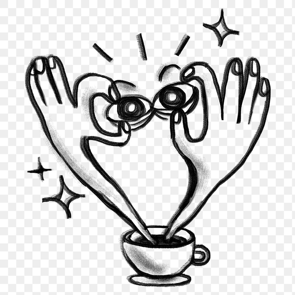 Coffee addict doodle png sticker, hand holding eyes, transparent background