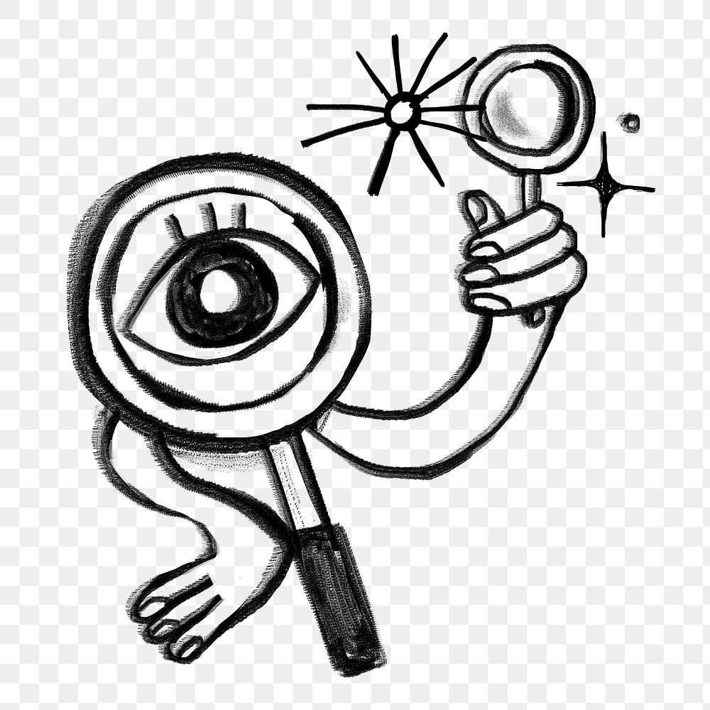 Search engine eye png, magnifying glass doodle, transparent background
