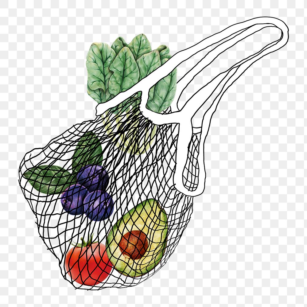 Healthy grocery bag png sticker, fruits and vegetables remix, transparent background
