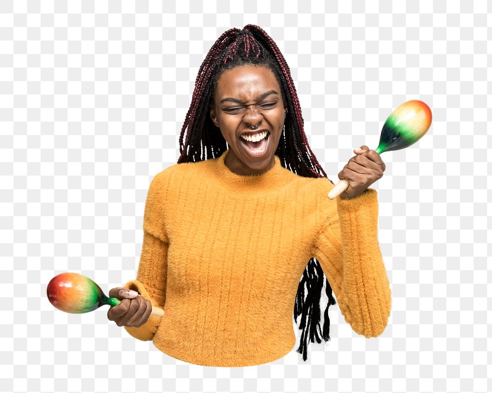 Png woman shaking maracas sticker, transparent background