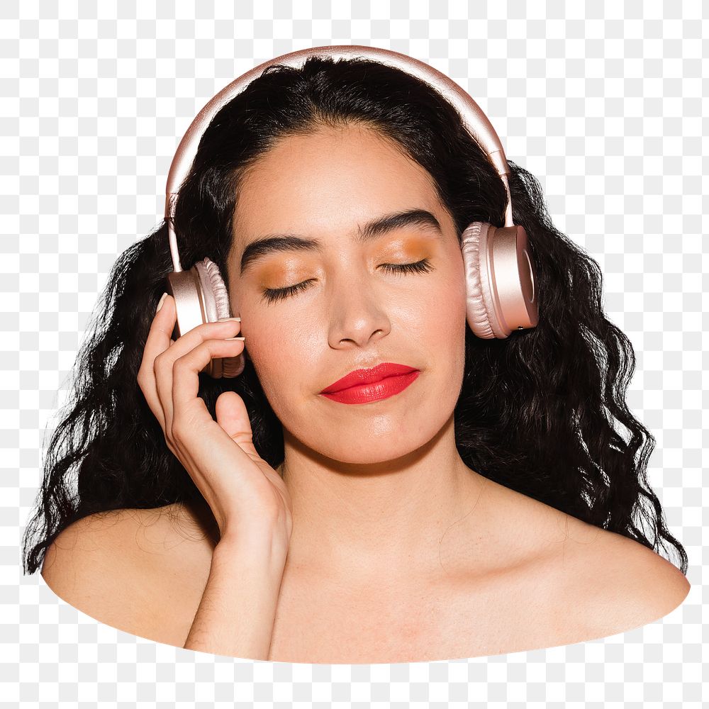 Woman wearing headphones png sticker, transparent background