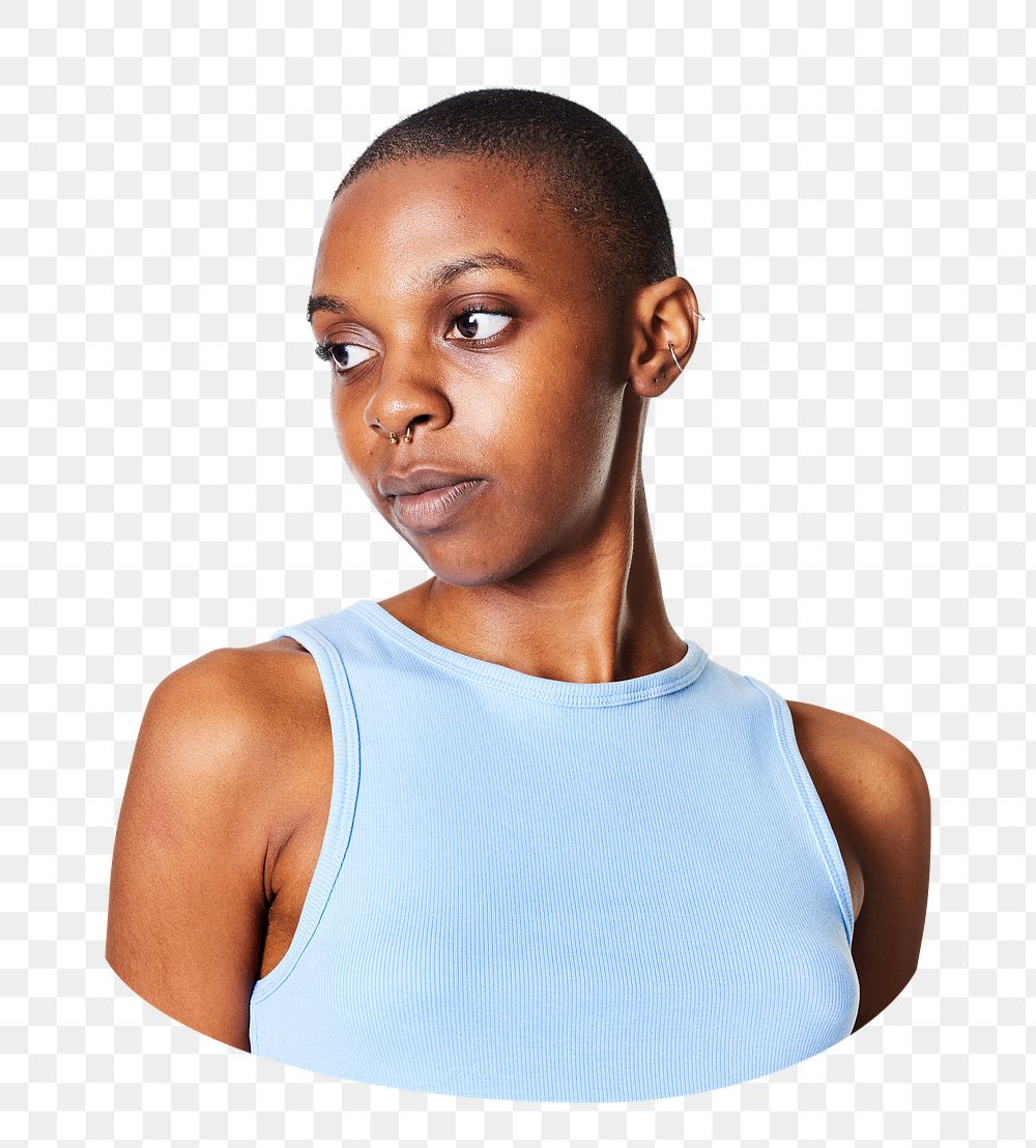 Png skinhead black woman sticker, blue top, transparent background